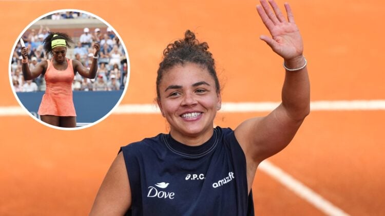 Jasmine Paolini (right) smiles and waves, Serena Williams (left) in a circle overlay