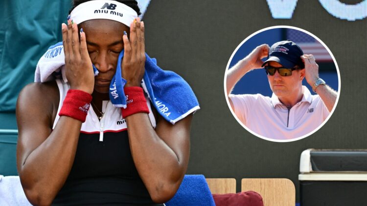 Image of Coco Gauff with her head in her hands during her Italian Open final defeat to Jasmine Paolini, inset of Jim Courier watching a Team USA Da...