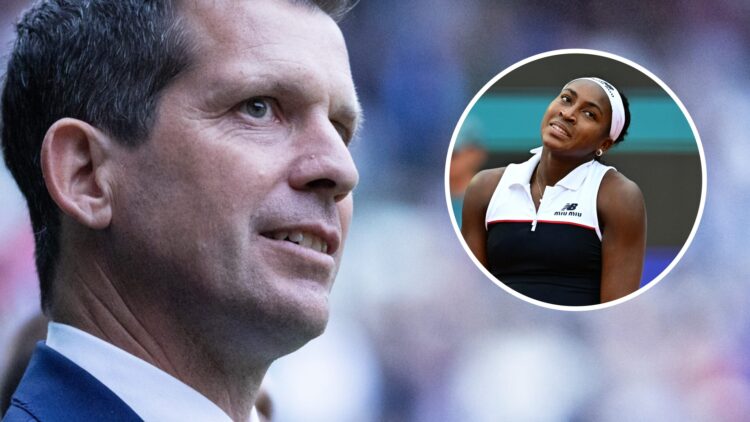 Image of Tim Henman watching Andy Murray's farewell ceremony at Wimbledon in 2024, inset of Coco Gauff expressing her disappointment during her def...