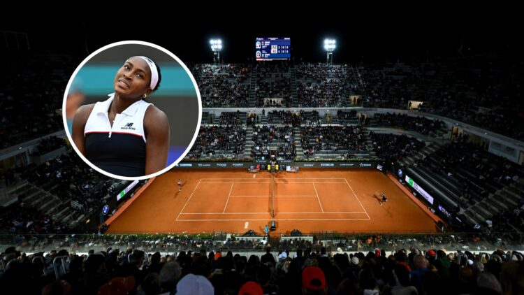 Qinwen Zheng (left) and Coco Gauff (right) play in overview of full court, Coco Gauff (left) in circle overlay looks unhappy