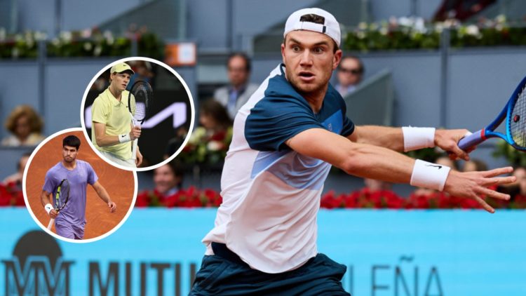 Image of Jack Draper playing a forehand against Tommy Paul during the 2025 Madrid Open, inset of Carlos Alcaraz celebrating a point against Holger ...