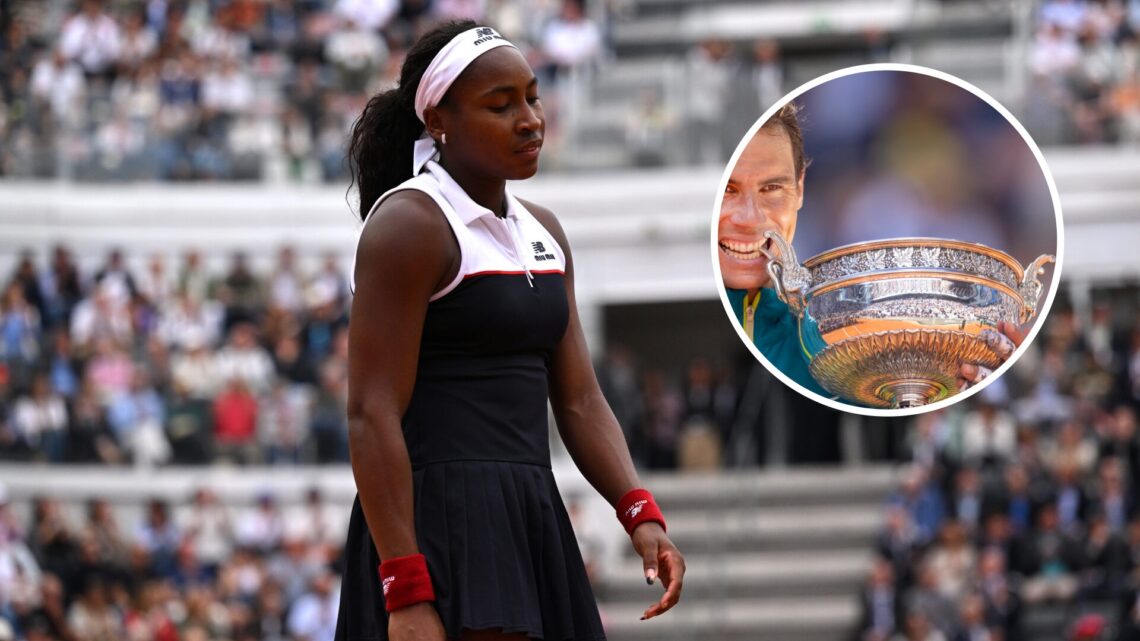 Coco Gauff (right) looks dejected and Rafael Nadal (left) in circle overlay lifts the Roland Garros trophy