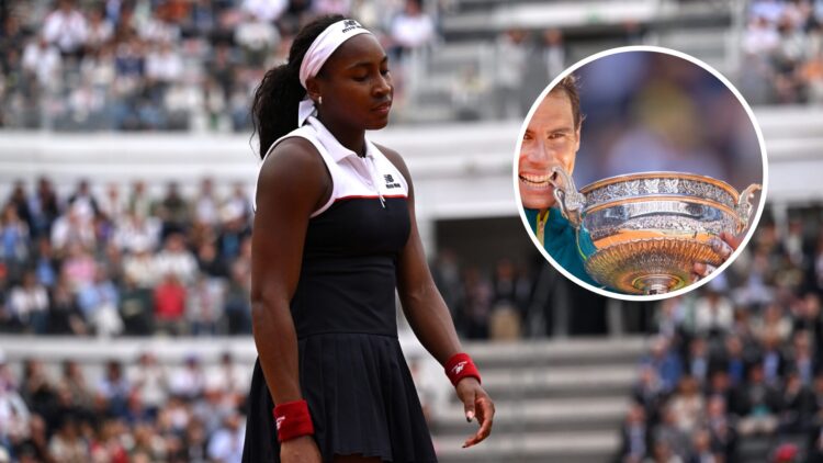 Coco Gauff (right) looks dejected and Rafael Nadal (left) in circle overlay lifts the Roland Garros trophy
