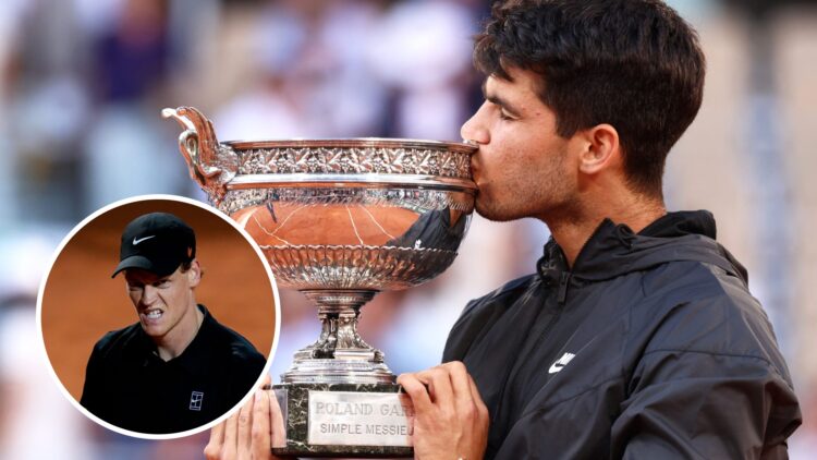 Carlos Alcaraz kisses the French Open trophy (right) and Jannik Sinner in a circle overlay bares his teeth (left)