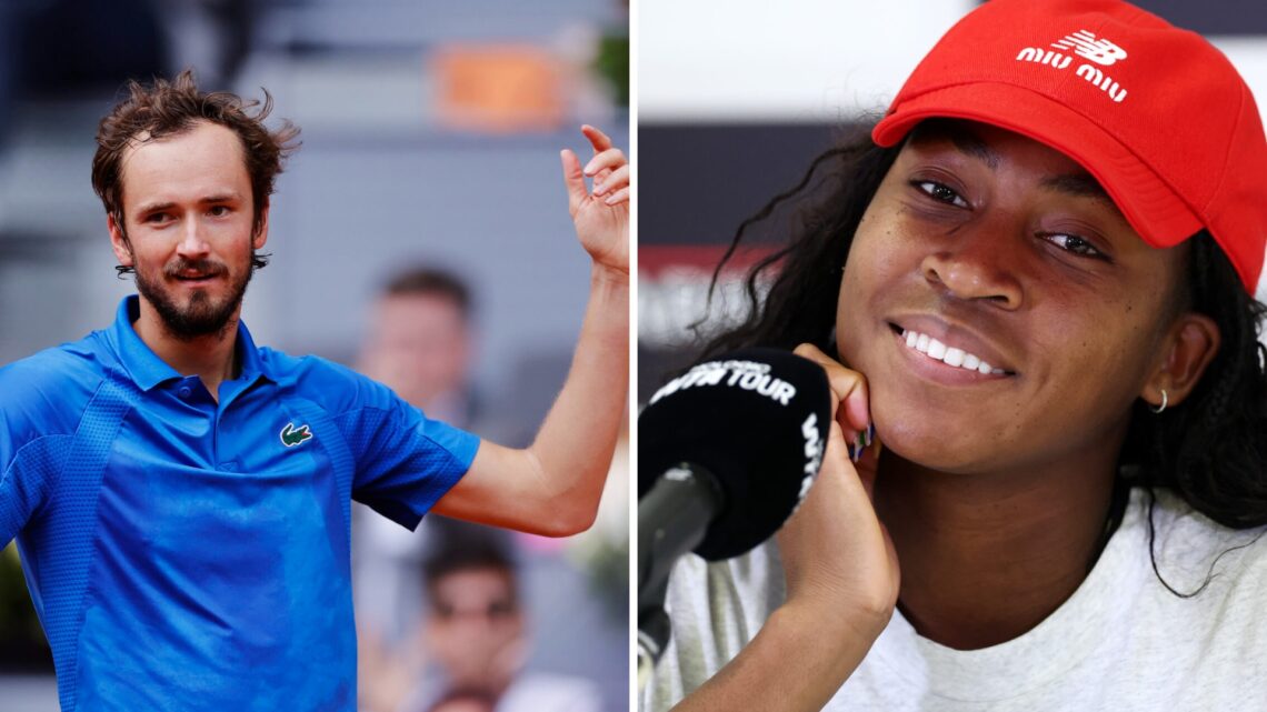 Split image of Daniil Medvedev of Russia celebrates during the match against Casper Ruud of Norway during the Mutua Madrid Open and Coco Gauff of t...