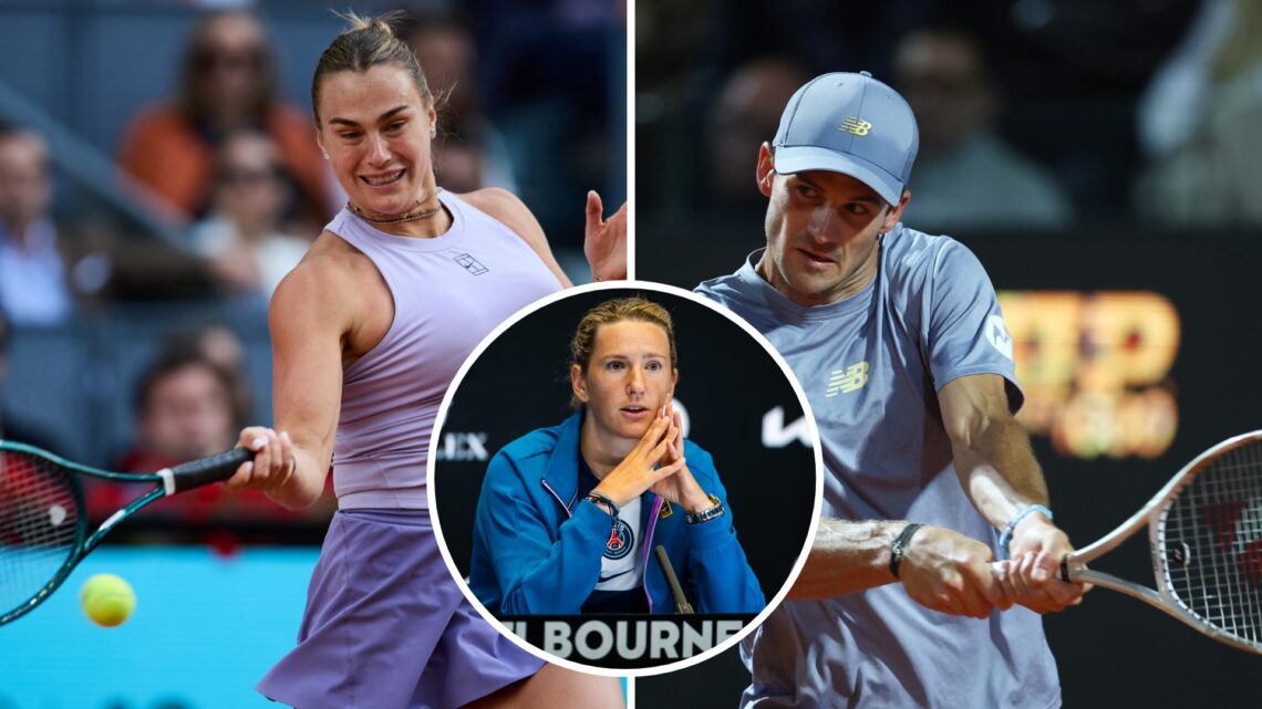 Split image of Aryna Sabalenka plays a forehand against Coco Gauff of United States during the Women's Singles Final Match on Day 12 of the Mutua M...