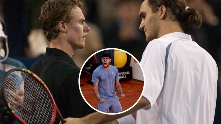 Lleyton Hewitt (left) and Roger Federer (right) shake hands, Carlos Alcaraz in a circle overlay celebrates (middle)
