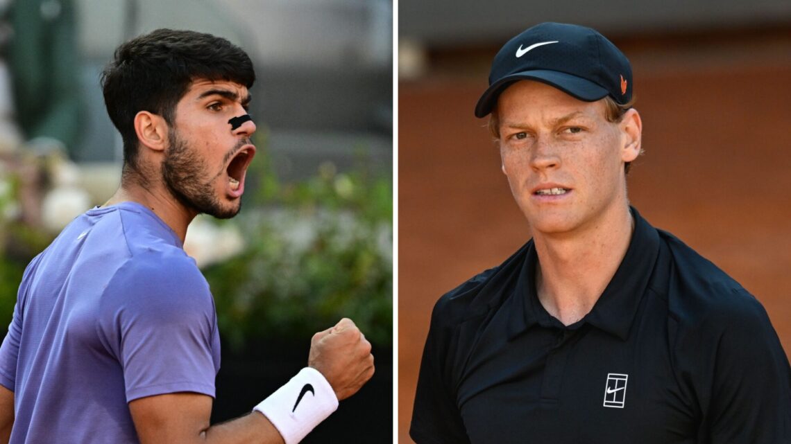 Carlos Alcaraz (left) pumps his fist and Jannik Sinner (right) looks on