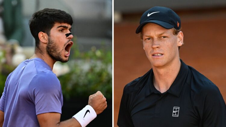 Carlos Alcaraz (left) pumps his fist and Jannik Sinner (right) looks on