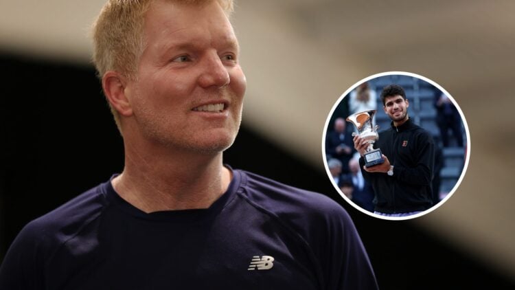 Jim Courier (left) looks on and Carlos Alcaraz (right) in circle overlay
