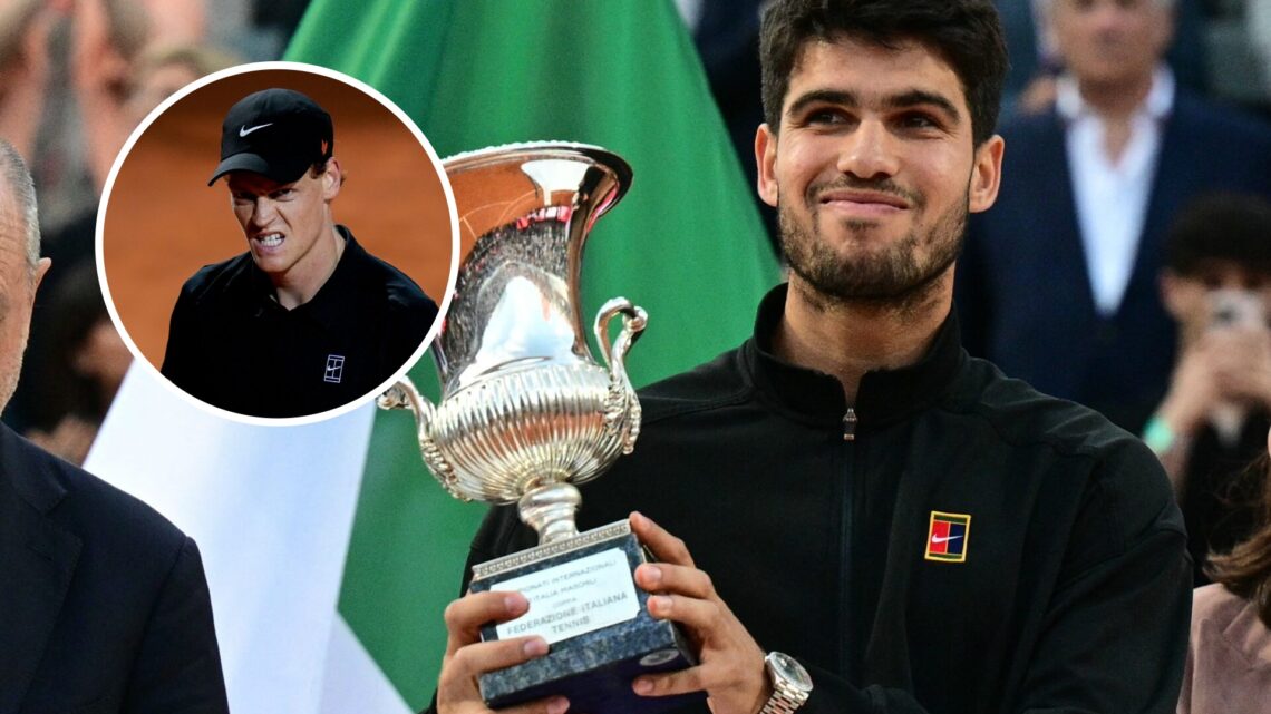 Carlos Alcaraz (right) smiles holding the Italian Open trophy and Jannik Sinner (left) in a circle overlay grimaces