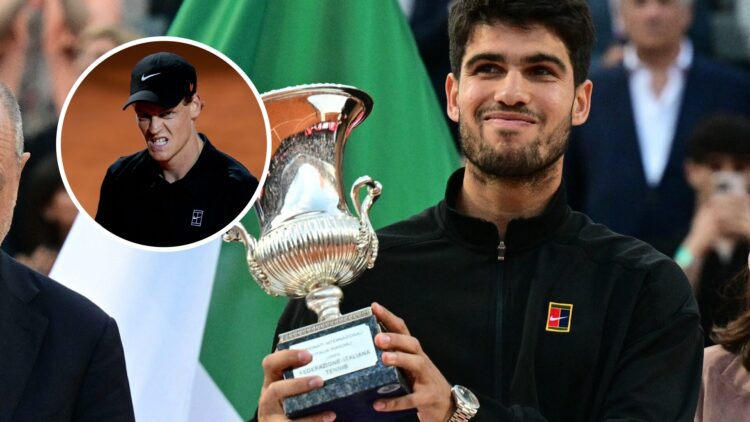 Carlos Alcaraz (right) smiles holding the Italian Open trophy and Jannik Sinner (left) in a circle overlay grimaces