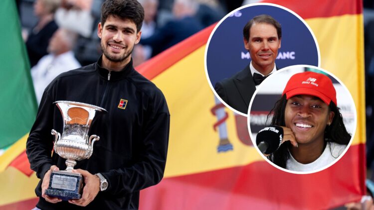 Carlos Alcaraz of Spain poses with the winning trophy at the end of the final match against Jannik Sinner of Italy during the Internazionali BNL d'...