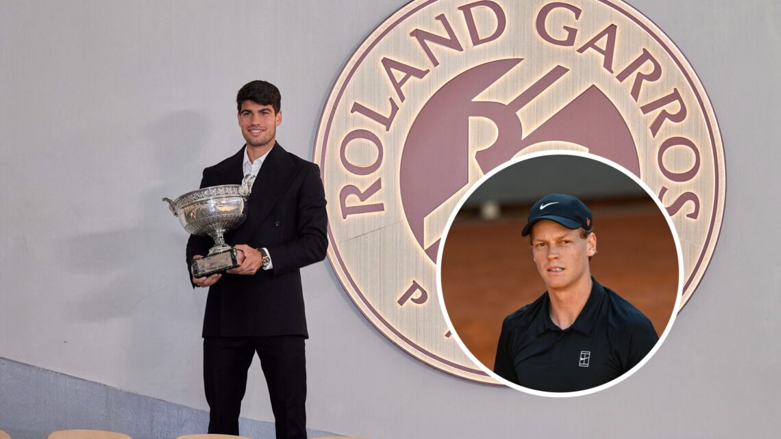Carlos Alcaraz (left) holds the French Open trophy and Jannik Sinner (right) in a circle overlay looks on