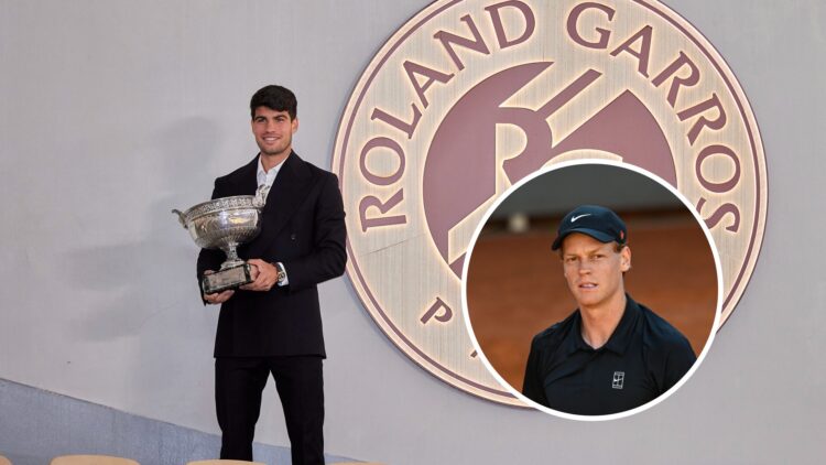 Carlos Alcaraz (left) holds the French Open trophy and Jannik Sinner (right) in a circle overlay looks on