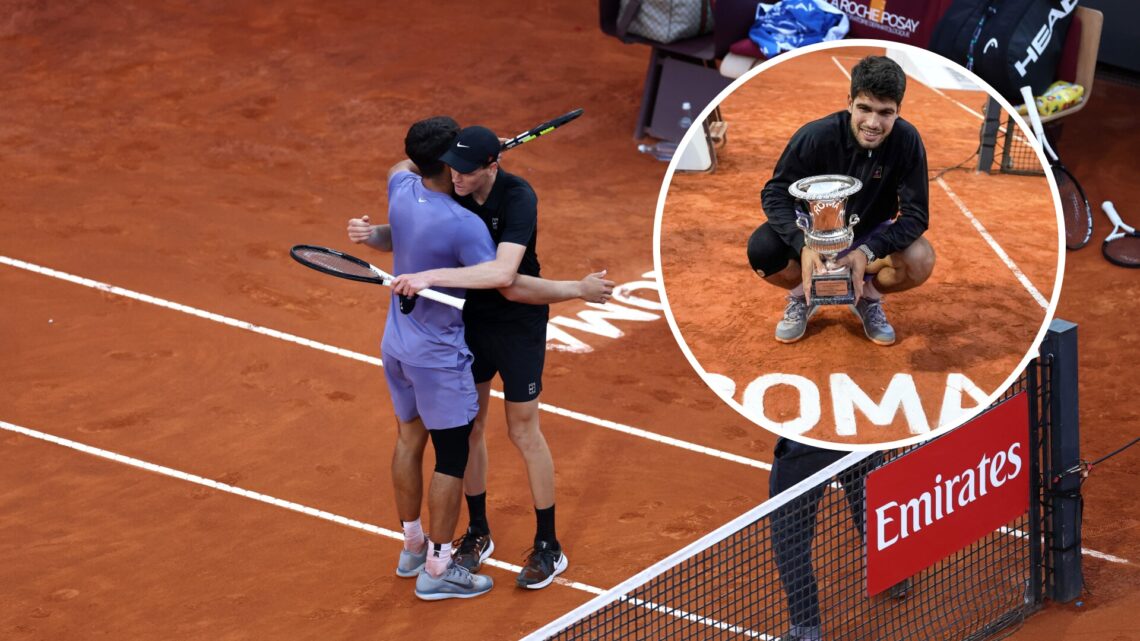 Carlos Alcaraz and Jannik Sinner embrace (left), Carlos Alcaraz (right) poses with Italian Open trophy in circle overlay