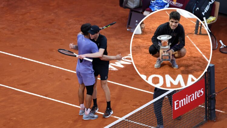 Carlos Alcaraz and Jannik Sinner embrace (left), Carlos Alcaraz (right) poses with Italian Open trophy in circle overlay