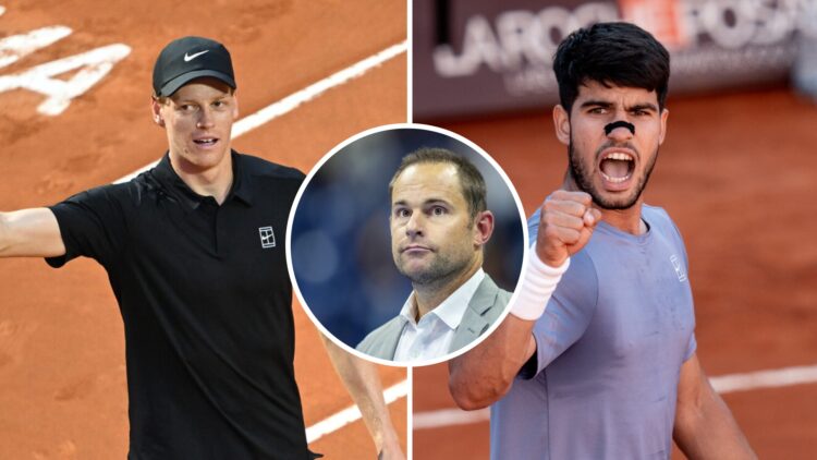 Jannik Sinner (left) waves to fans, Carlos Alcaraz (right) pumps his first and Andy Roddick (middle) in a circle overlay