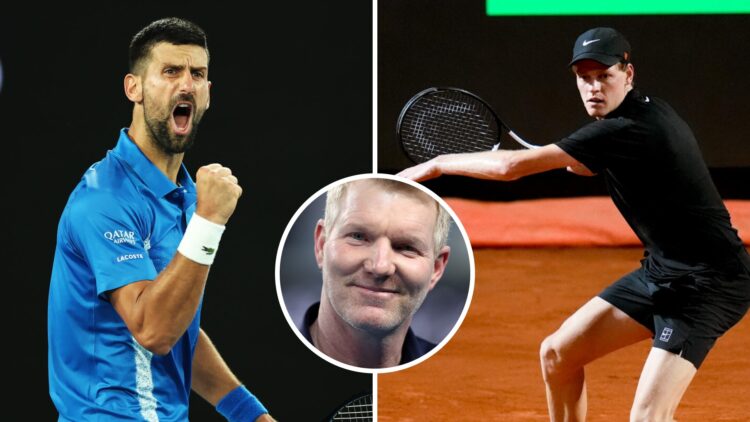 Novak Djokovic (left) pumps his first, Jim Courier (middle) smiles in a circle overlay and Jannik Sinner (right) prepares to strike a forehand