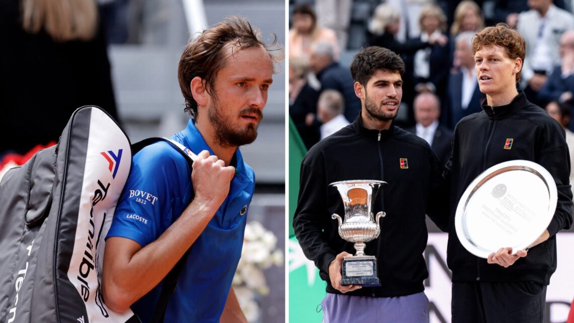 Split image of Daniil Medvedev of Russia during the match against Casper Ruud of Norway during the Mutua Madrid Open Day Ten at the La Caja Magica ...