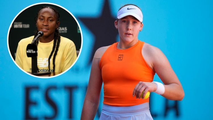 Mirra Andreeva of Russia in action against Yuliia Starodubtseva of Ukraine during the Mutua Madrid Open 2025, with an inset of Coco Gauff fields qu...