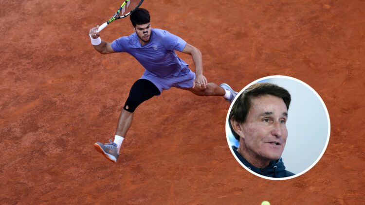 Carlos Alcaraz (left) stretches for a ball and Rick Macci (right) in a circle overlay