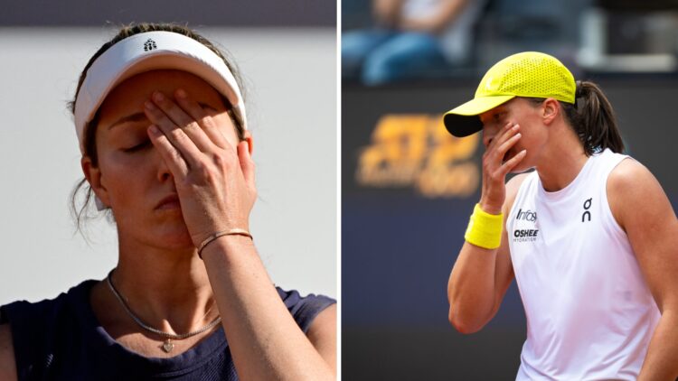 Split image of Danielle Collins reacts during her match against Ukraine's Elina Svitolina at the WTA Rome Open tennis tournament at Foro Italico an...