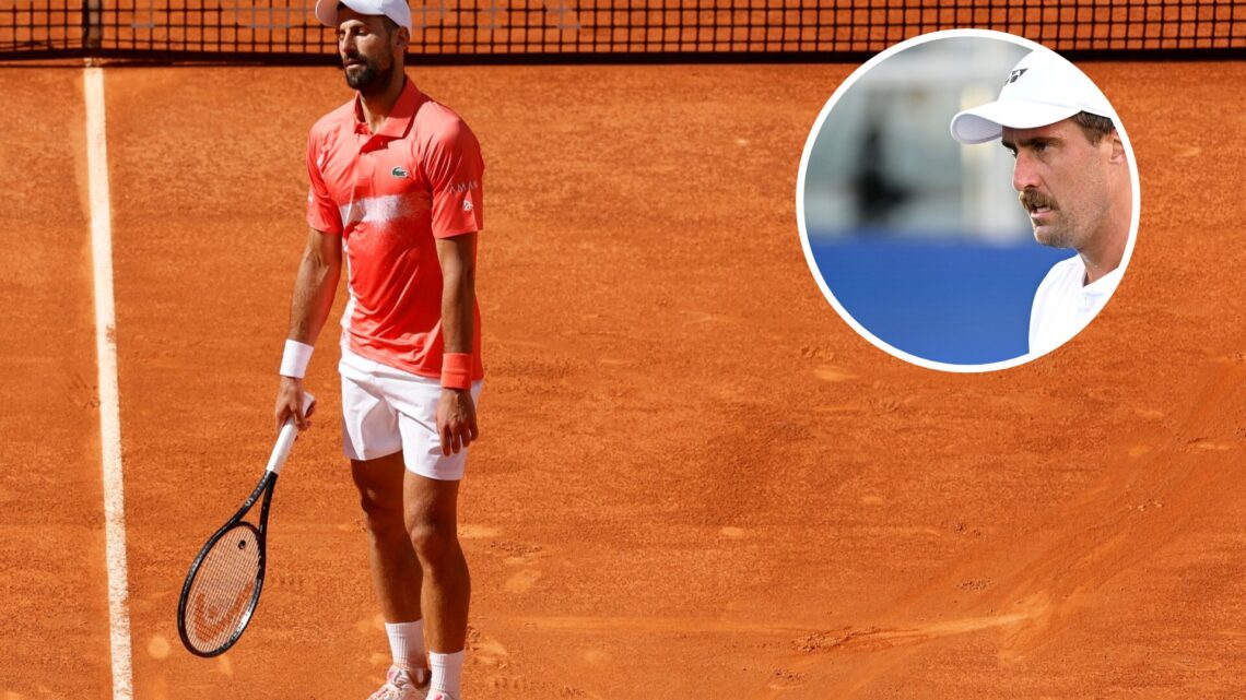 Novak Djokovic reacts to Italy's Matteo Arnaldi during their 2025 ATP Tour Madrid Open tennis tournament second round singles match at the Caja Mag...