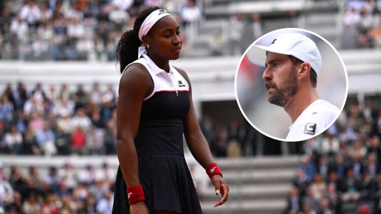 Coco Gauff reacts during the 2025 Italian Open final, inset Steve Johnson looks on during the 2023 US Open first round
