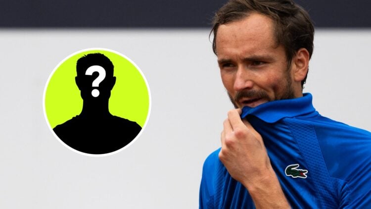 Image of Daniil Medvedev looking on during his win over Alexei Popyrin at the 2025 Italian Open, inset of a male mystery player
