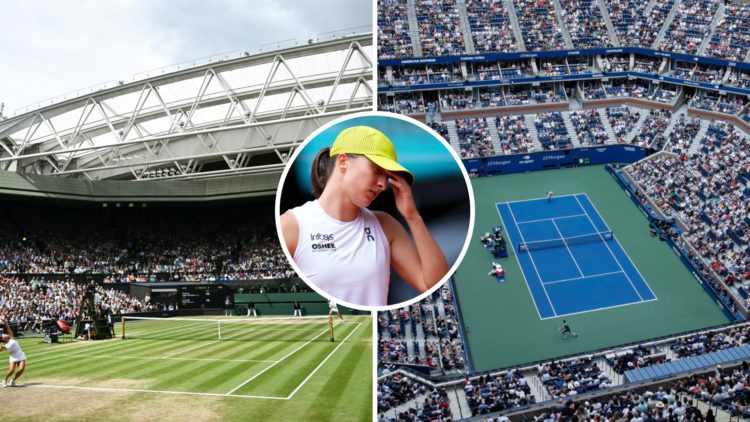 Split image of Wimbledon Centre Court during the 2024 final between Jasmine Paolini and Barbora Krejcikova, image of Arthur Ashe Stadium during the...