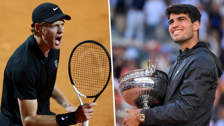 Jannik Sinner during French Open 2024. Carlos Alcaraz winning the French Open 2024.
