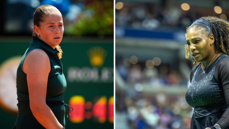 Split image of Jelena Ostapenko of Latvia reacts while playing against Jasmine Paolini of Italy in the fourth round on Day Eight of the Internazion...