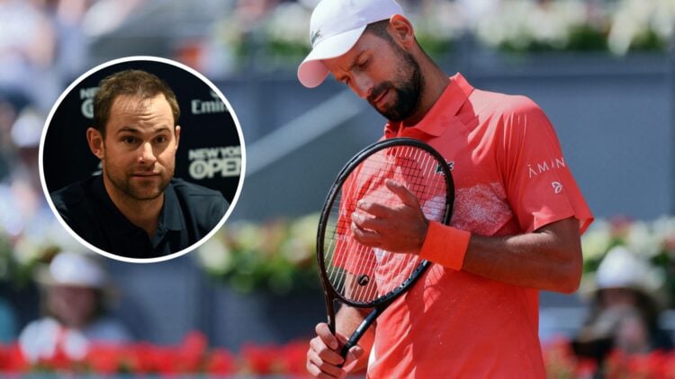 Image of Novak Djokovic reacting during his defeat to Matteo Arnaldi at the 2025 Madrid Open, inset of Andy Roddick speaking to the media ahead of ...