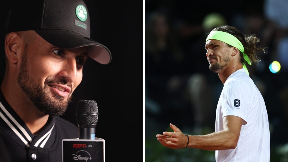 Split image of Nick Kyrgios is interviewed during the ESPN on Disney+ Launch Party at The Venue Alexandria and Alexander Zverev of Germany reacts a...