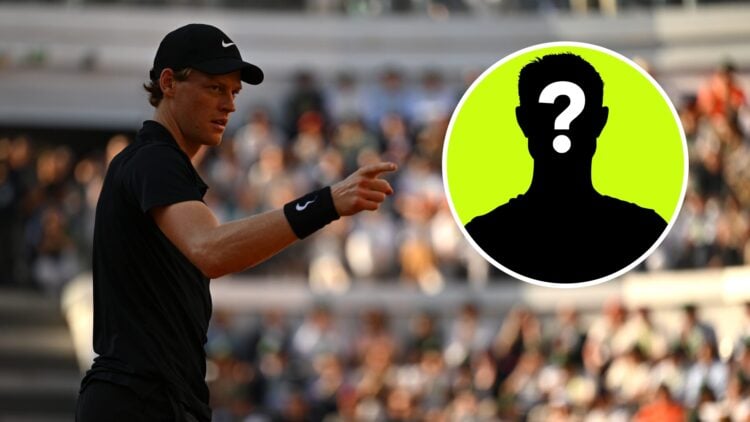 Image of Jannik Sinner pointing during his defeat to Carlos Alcaraz in the Italian Open final, inset of a male mystery player