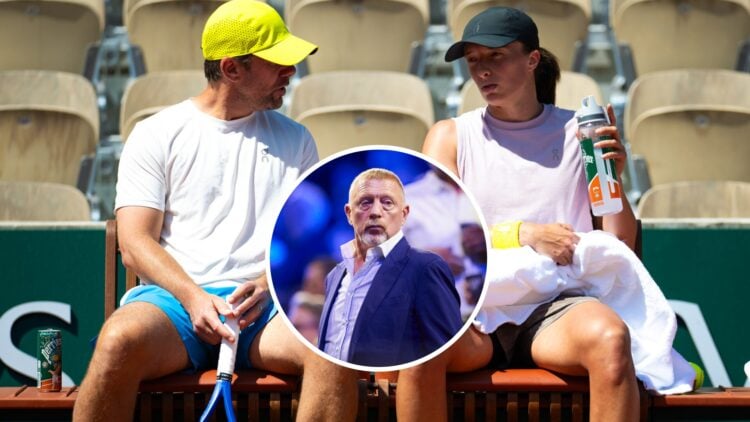 Image of Iga Swiatek and Wim Fissette talking during a practice session ahead of the 2025 French Open, inset of Boris Becker watching on during the...