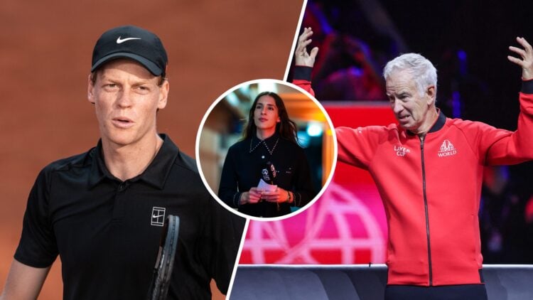 Split image of Jannik Sinner looking up to his box during his defeat to Carlos Alcaraz in the 2025 Italian Open final, image of John McEnroe throwi...