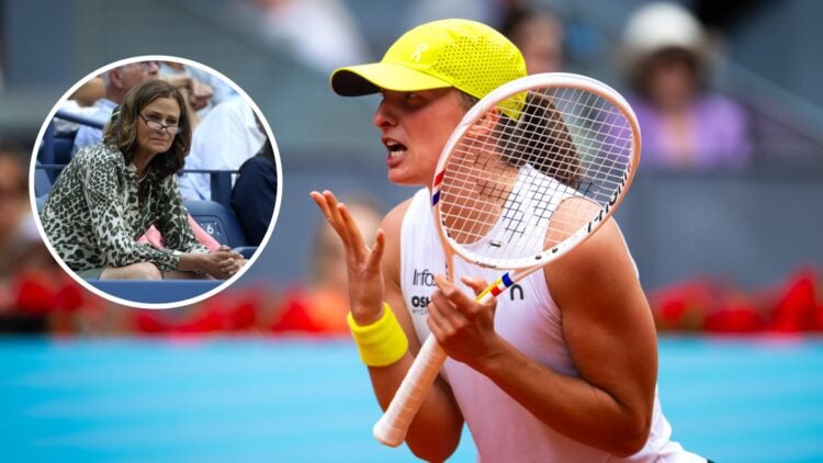 Image of Iga Swiatek showing her frustration during her Madrid Open match with Madison Keys, inset of Pam Shriver watching on from the stands durin...