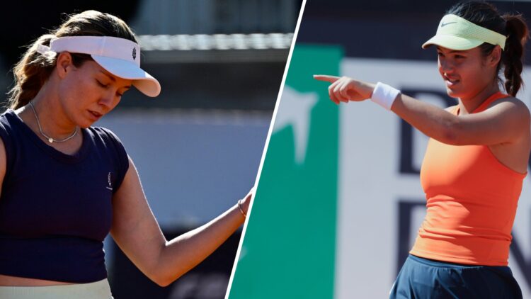 Split image of Danielle Collins showing frustration during her defeat to Elina Svitolina at the 2025 Italian Open, image of Emma Raducanu pointing ...