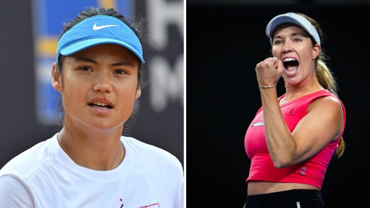 Split image of British tennis player Emma Raducanu during the Italian Open of tennis at Foro Italico and Danielle Collins of the United States reac...