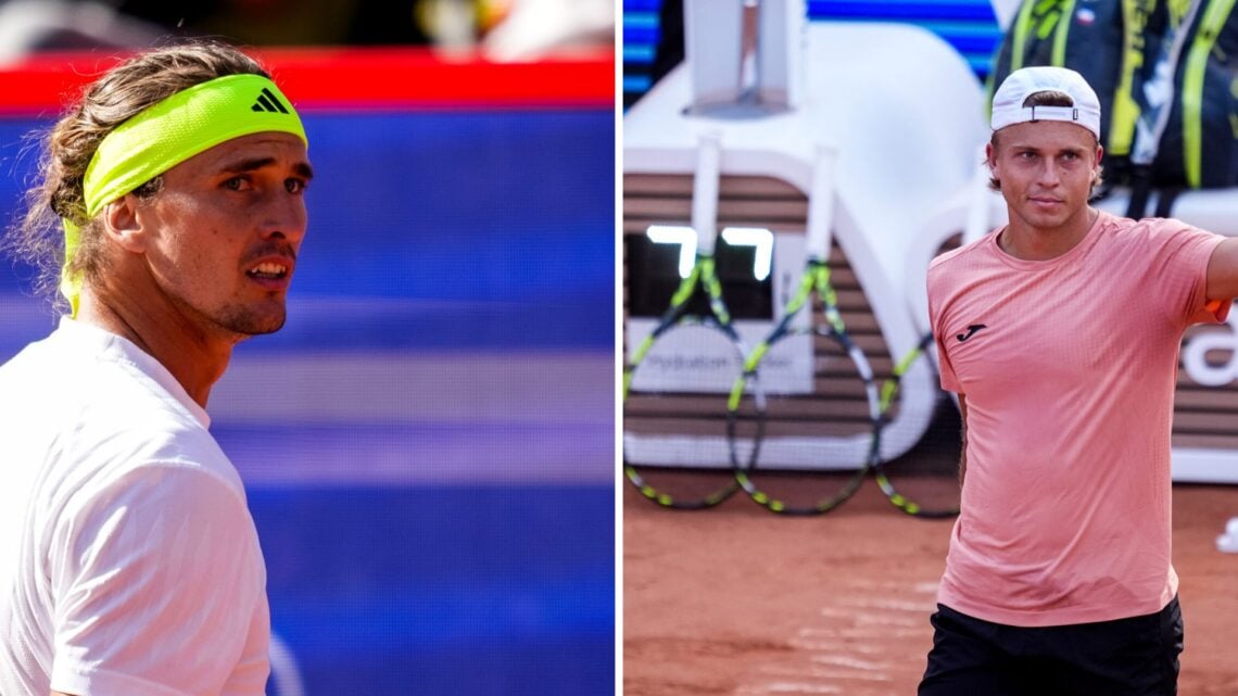 Split image of Alexander Zverev of Germany looks on in his Men's Singles Second Round match against Alexandre Muller of France during Day Five of t...