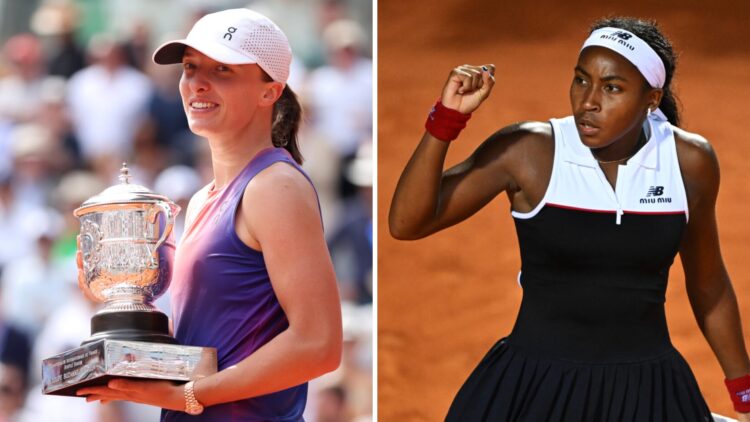 Iga Swiatek of Poland celebrates with her winners trophy after victory against Jasmine Paolini . Coco Gauff of United States celebrates after winni...