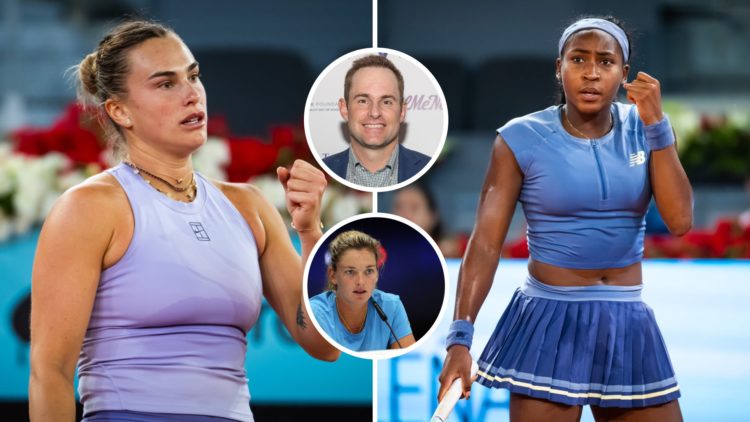 Split image of Aryna Sabalenka celebrating while playing against Elina Svitolina at the 2025 Madrid Open, image of Coco Gauff in action against Day...