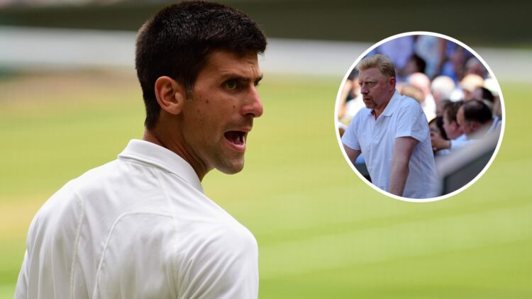 Image of Novak Djokovic showing his frustration during the 2015 Wimbledon final, inset of Boris Becker watching Novak Djokovic play Roger Federer i...