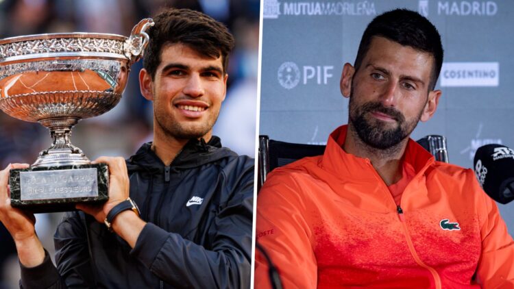 Carlos Alcaraz of Spain celebrates with the trophy after his victory over Alexander Zverev of Germany in the final of the men's singles at Roland G...