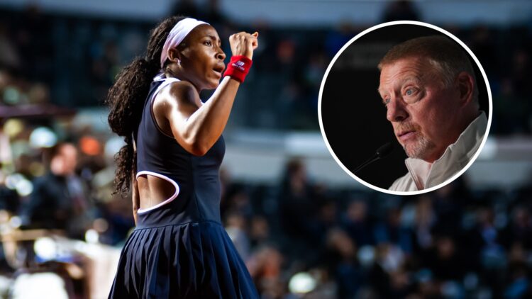 Image of Coco Gauff celebrating during her 2025 Italian Open win over Qinwen Zheng, inset of Boris Becker speaking during the 2024 Laureus Sports A...