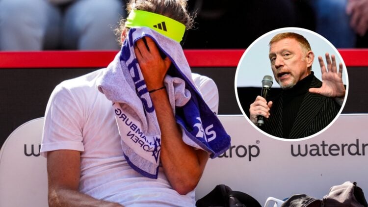Image of Alexander Zverev struggling during a changeover at the 2025 Hamburg Open, inset of Boris Becker speaking during the Berlinale Special Gala...