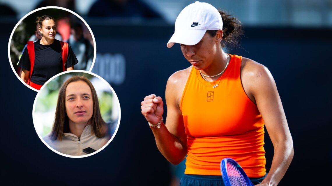 Madison Keys of the United States in action against Varvara Gracheva of France in the second round on Day Four of the Internazionali BNL D'Italia a...