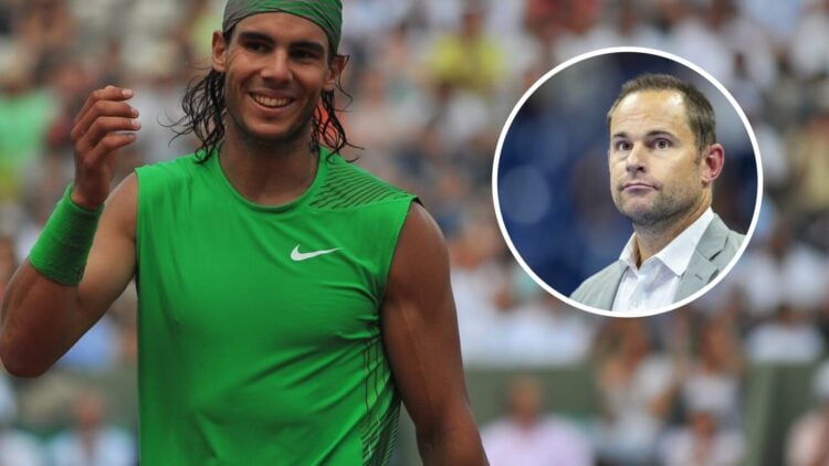 Image of Rafael Nadal smiling during his third round match at the 2008 French Open, inset of Andy Roddick looking on during the 2023 US Open trophy...